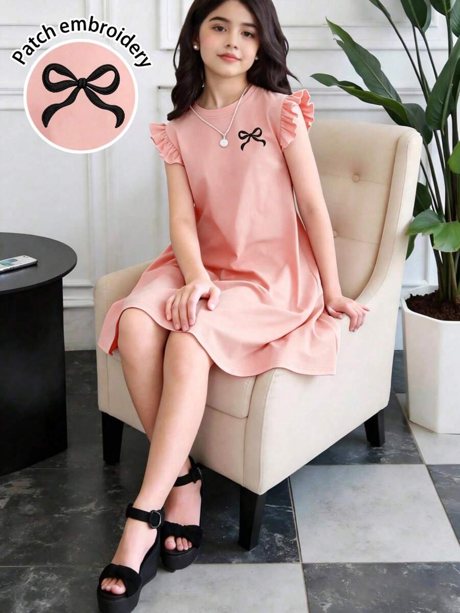 1件女童仿刺繡蝴蝶結印花洋裝,荷葉袖連身裙,休閒日常風格,適合派對與購物 - 粉色 - 查看 1