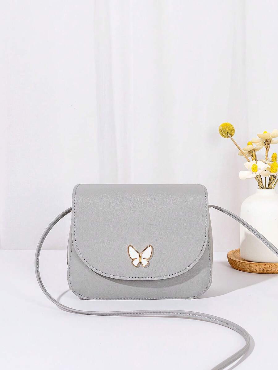 Bolso bandolera con forma de concha y decoración de mariposa mini con herrajes - Gris - Ver 1