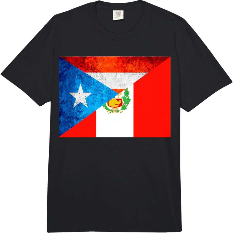 Perurican Peruvian Flag Puerto Rico Puertorican Pride Peru Adult Heavyweight T-Shirt - 黑色 - 查看 1
