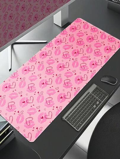Lót chuột gaming siêu lớn hình môi hồng trái tim phong cách Coquette, thảm bàn phím XXL in họa tiết môi lãng mạn, đế trắng họa tiết tình yêu ngọt ngào, cao su chống trượt, trang trí bàn làm việc văn phòng cho nữ và con gái