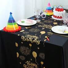 1件黑色&金色生日桌旗，金箔氣球與煙花圖案桌布，275*28cm 聚酯纖維桌布，生日快樂裝飾，1歲生日派對裝飾，生日慶祝用品，生日居家裝飾，廚房裝飾，桌面裝飾，新娘派對禮物，節日派對用品 - 黑金 - 查看 3