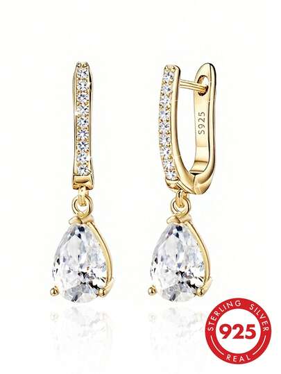 Pure Silver Cube Cubic Zirconia Earrings Water Drop Pendant Earrings Hoop Earrings Suitable For Women Elegant Earrings Hypoallergenic Earrings Daily Wear Birthday Gift