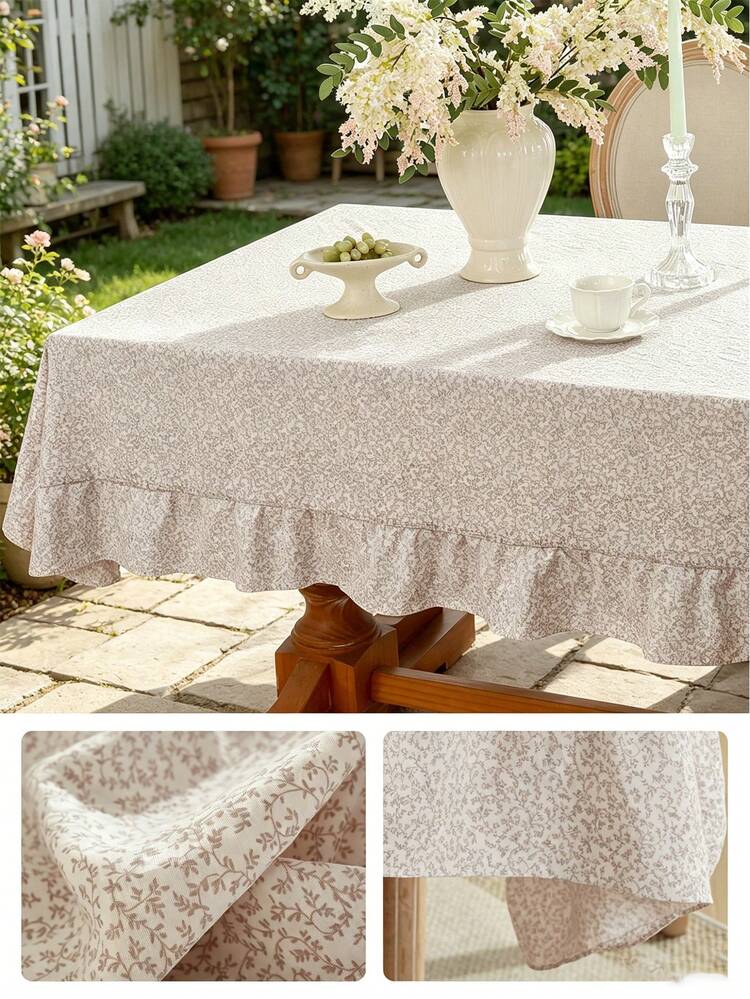 1 pieza Mantel con borde de encaje festoneado, tela de poliéster, patrón floral marrón claro, rectangular/cuadrado, adecuado para la decoración de la mesa del comedor y la sala de estar - marrón claro - Añade 9
