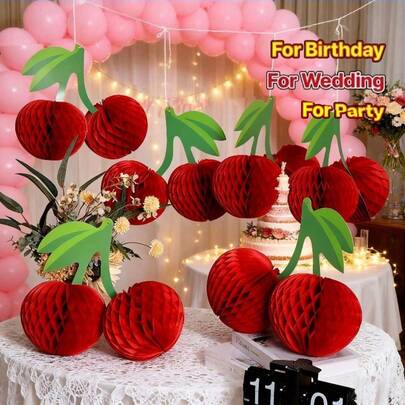 8 Cherry Blossom Honeycomb Paper Lanterns - Red And Pink Layered 3D Effect Hanging Decorations With Cherry Fruit Cutout Pattern, 29.97 Cm, For Weddings, Birthdays, Parties, Ceiling And Table Centerpieces (Paper Balloons)