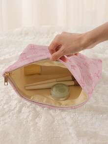 1 pieza Bolsa de almacenamiento de cosméticos portátil con patrón de lazo, impresa por ambos lados, estuche de maquillaje con cremallera para viaje, bolsa organizadora de artículos de tocador multifuncional - Multicolor - Ver 2