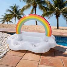 1 pieza Colchoneta flotante inflable con forma de arcoíris con portavasos y compartimento para hielo, accesorio flotante para agua para playa y fiesta en la piscina, material PVC duradero, regalo ideal para vacaciones o cumpleaños, esencial de playa, accesorio de piscina - Barra de hielo arcoíris - Ver 6
