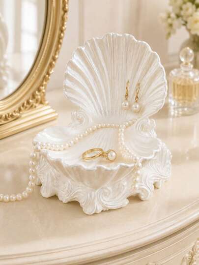 1pc Pearl White Shell Jewelry Tray, Vintage Style Ring Earring Necklace Storage Box, Elegant Vanity Decor, Makeup Bag, Luxury Designer Bag, Cosmetic Storage, Vanity Storage, Room Decor, Jewelry Storage, Display Stand