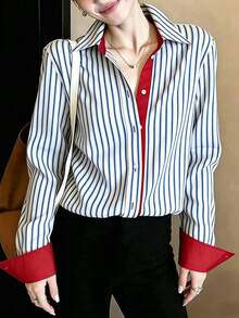 Camisa versátil de poliéster a rayas con franja lateral - rayas azules - Ver 4
