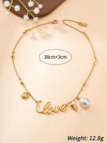 1pc French Style Gold Love Letter Pearl Necklace, Ocean Style Seashell Pendant Thin Choker Chain, Luxury Niche Versatile Women's Daily Commute Jewelry, Valentine's Day Gift Accessory - Multicolor - View 3