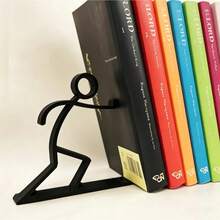 Small Figurine Bookend, Creative Press-Style Bookshelf, Metal Non-Slip, Suitable For Student Textbook Storage/Desk Organization/Study Room Decoration, Black Metal Figurine Press Design, Suitable For Student Textbooks - A - View 3
