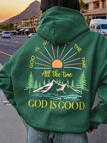 1pc Girls Sun & Mountain Print Casual Pullover Sweatshirt, Long Sleeve Design, Suitable For Autumn/Winter Wear - Dark Green - View 2