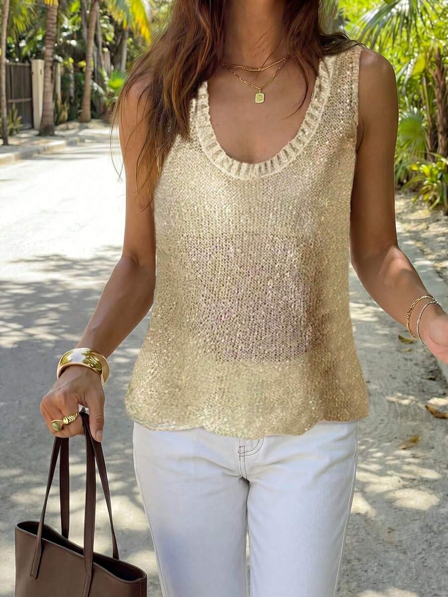 Débardeur en tricot à col rond, ourlet asymétrique en tissu transparent brillant, style décontracté et mignon. Tenue d'été idéale pour les vacances, marque Mejors - Doré - Voir 1