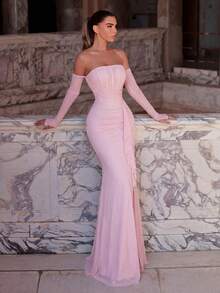 Faeriesty Pink Ruched Fitted Dress With Gloves, Elegant Side Ruffle Slit Trumpet Evening Gown Suitable For Party, Vacation, Formal Dinner, Beach Wedding Spring - Pink - View 8