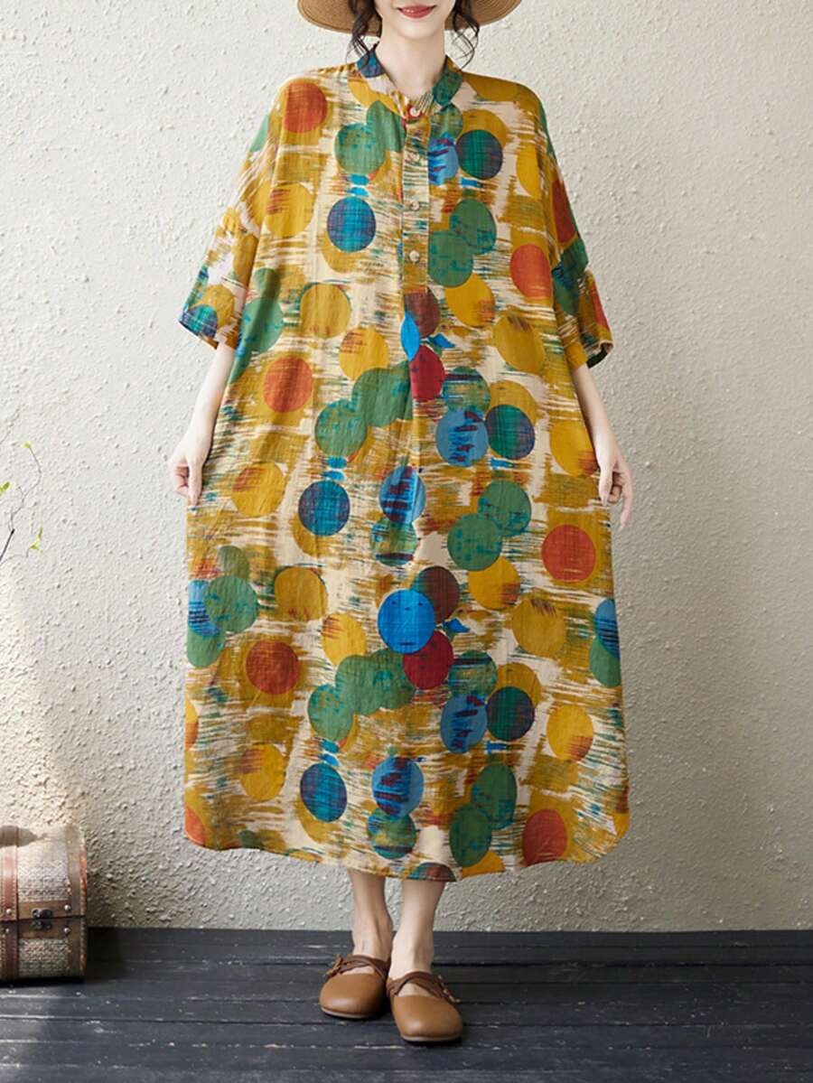 AZAH 萬聖節優雅舞會女款夏季休閒度假波希米亞風圖案半開領掛脖中長版襯衫洋裝,薄款修身顯瘦 - 藍色 - 查看 1