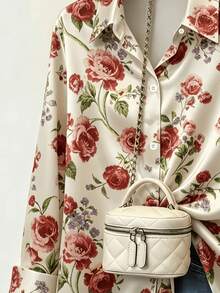Women's Rose Print Satin Long Sleeve Blouse, Elegant Button Collar Top, Suitable For Spring Wear, Polyester Fabric, Regular Fit - Apricot - View 3