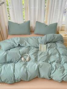 Blue And White Colorblock Washed Polyester Skin-Friendly 3 PiecesDuvet Cover Set - Mint Green - View 4