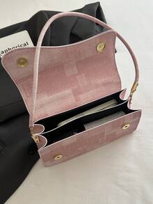 Fashionable Denim Texture Solid Color Asymmetrical Flap Retro Minimalist Elegant Shoulder Bag - Pink - View 11
