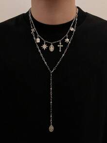 2pcs/Set Men's Double Layer Y-Shaped Necklace Set, Silver Tone Colorful Rhinestone Cross And Virgin Mary Pendant Necklace, Gothic Street Style Jewelry - White K - View 4