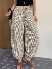 Women's Casual Beige Gingham Drawstring Elastic Balloon Harem Pants - Beige - View 4