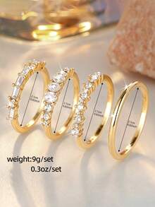 4 piezas/Set Anillos apilables elegantes, incrustados con circonita cúbica brillante en forma de gota de agua y símbolos rectangulares, que simbolizan el romance y la nobleza, adecuados para uso diario - Dorado - Ver 2