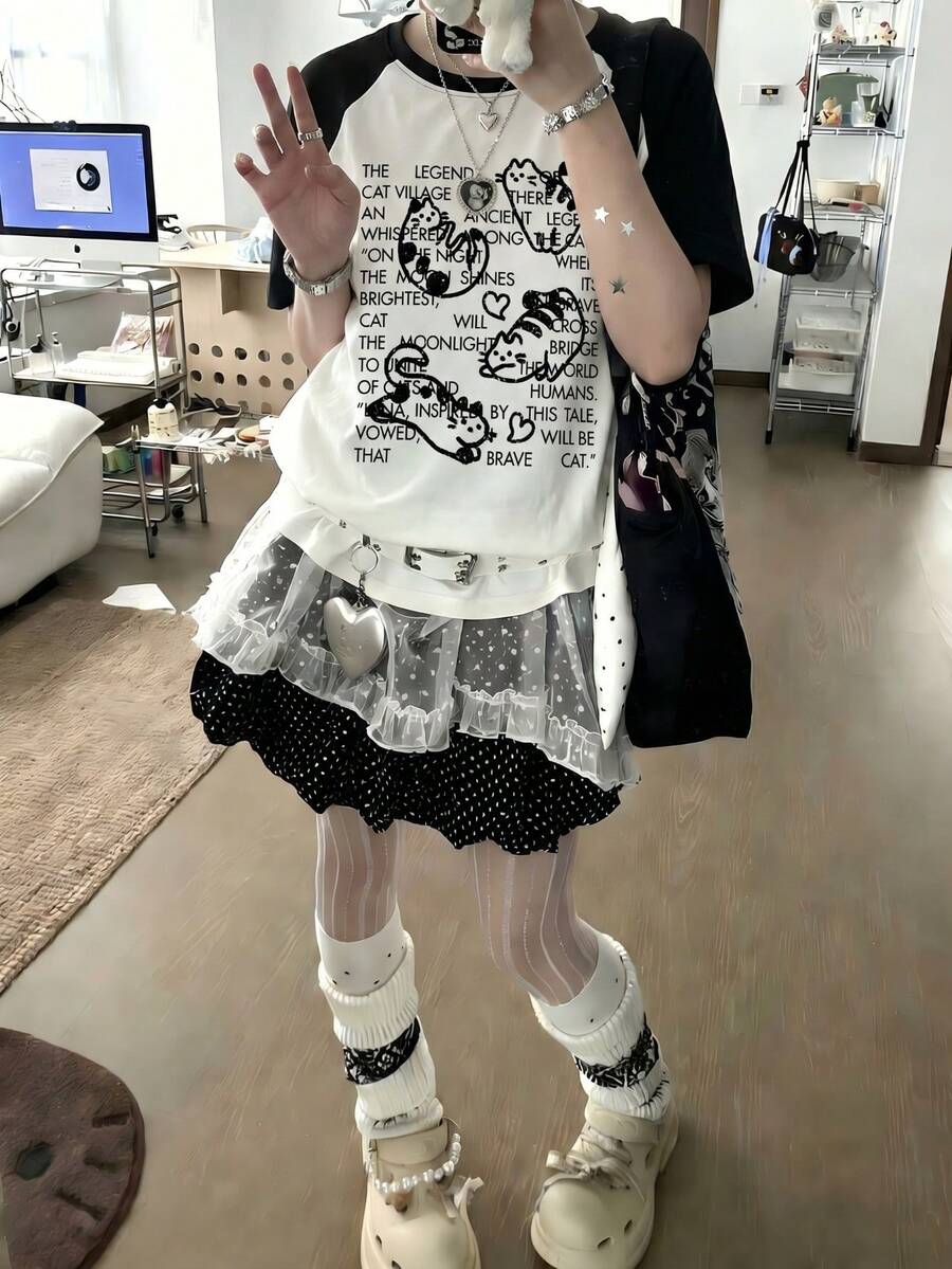 Y2K可愛天使女孩卡通印花落肩袖T恤,亞文化辣妹風百搭女款白色休閒夏季上衣 - 白色 - 查看 1