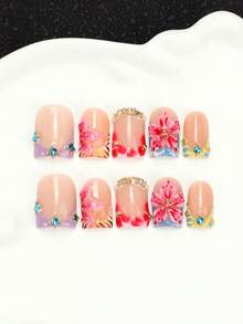 10pcs Handmade Acrylic Press-On Nails, French Short Square Shape, 3D Hand-Painted Floral, Colorful Rhinestone & Stripe/Tiger Print Design, Y2K Style, Multi-Layer Gel Fake Nails, Reusable Removable Adhesive Manicure, With Nail Tool Set - Multicolor - View 2