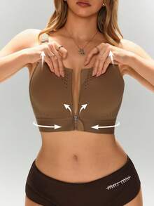 1pc Women's Sports Bra, Back Support & Bust Lift, Anti-Sagging, Front Zipper, Beautiful Back, Yoga Sports Casual Wear Tank Top - Khaki - View 3