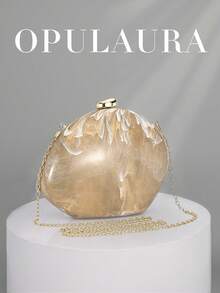 OpulAura 女款極簡風時尚金色 PU 壓紋設計方型晚宴手拿包，適合宴會、婚禮場合，可用作新娘手提包，配有鏈條肩帶 - 杏色 - 查看 2