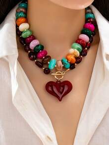 1/2pcs Colorful Chunky Acrylic Bead Necklace, Red Heart Pendant T-Bar Choker, Y2K Style Bead Chain Jewelry, Suitable For Party And Daily Wear - Multicolor - View 1