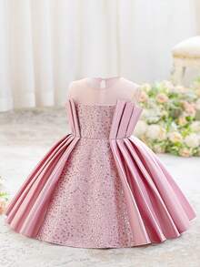 Baby Girl Sequin Patchwork Round Neck Pleated Party Dress, Suitable For Gatherings, Weddings, Birthdays, Celebrations, Formal Occasions, All Seasons - Dusty Pink - View 4