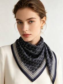 Moemton Foulard en soie bleu marine vintage avec imprimé lettres, foulard de cou élégant avec bordure rayée, convient pour les occasions sophistiquées - Noir - Voir 1