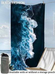 250克超强吸水速干超细纤维沙滩巾，波浪海洋图案，适用于沙滩、泳池、瑜伽垫、防晒披肩、夏季旅行、露营、游泳、野餐。 - 藏蓝色 - 查看 13