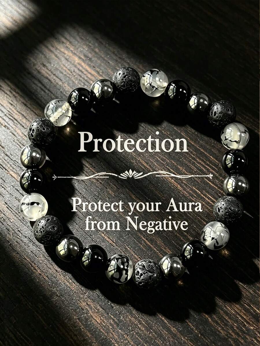 YAUKIA Pulsera de protección de obsidiana vintage para hombres, hematita & lava, transforma la energía negativa, coraje, resistencia, joyería para yoga y meditación - Multicolor - View 1