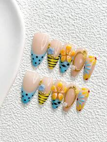 10Pcs Luxurious Style Handmade Press On Nail,Polygel Nail Set,Hand Sculpted Flower,Leopard Print,Blue,Black,Yellow Nail Polish,Leisure Style,Includes Nail Tools,3 Sizes Available,Duck,Coffin,Almond,Glitter Nails For Party,Dance,Daily Wear. - 彩色 - 查看 3