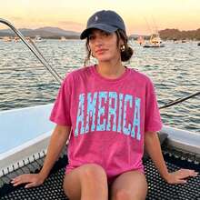 Retro America 4th Of July Shirt Preppy Fourth Of July Tshirt  Oversized USA Tee Aesthetic Patriotic Shirt Comfort Colors2026-Summer Outfits For Women - 玫紅色 - 查看 1