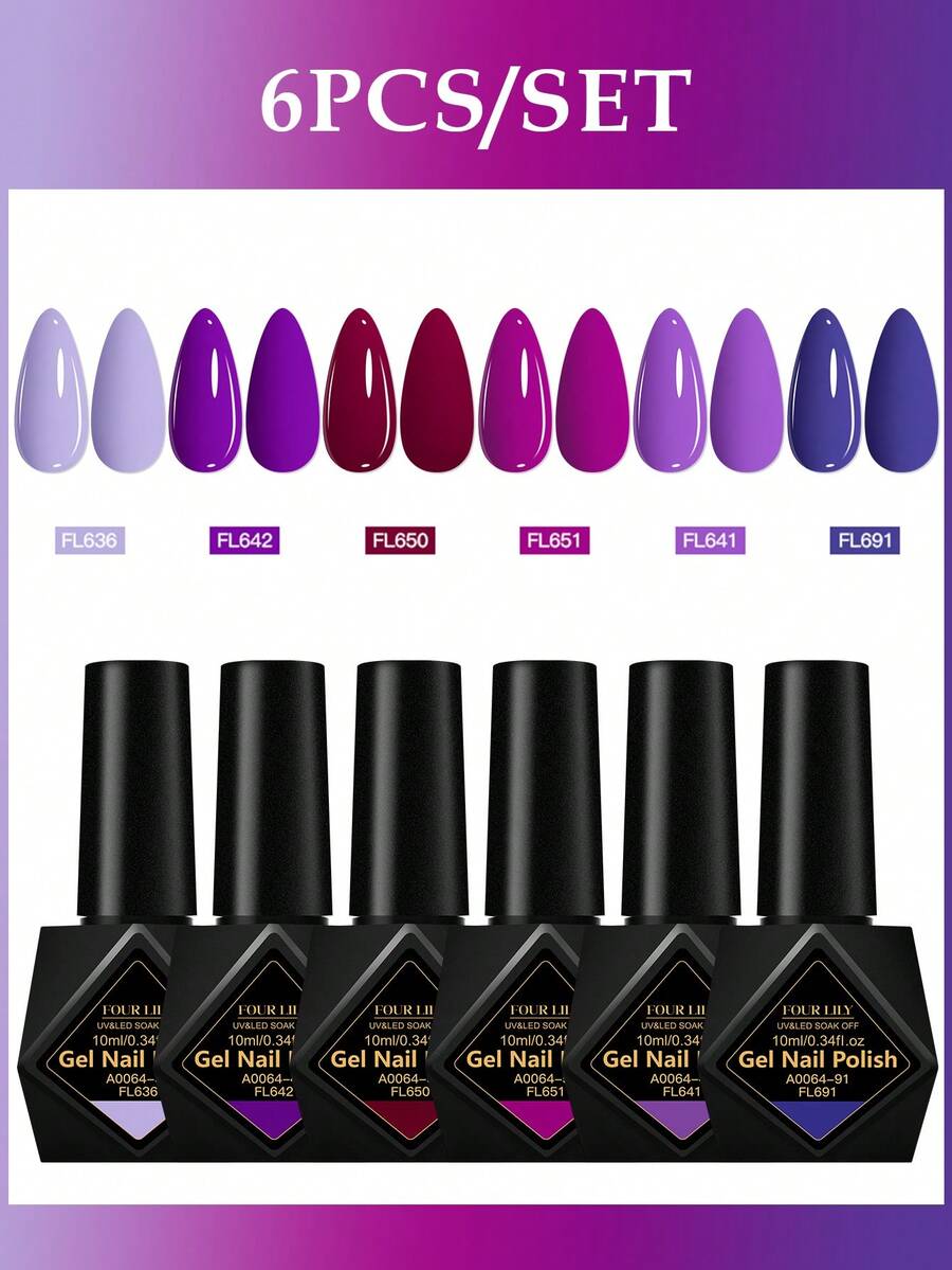 FOUR LILY 6件組 10ml 紫色凝膠指甲油，HEMA TPO-Free 免浸泡 UV 凝膠指甲油，適合夏季美甲，持久，無鉛，DIY 指甲設計裝飾，美甲凝膠指甲油，適用於沙龍和居家美甲護理用品