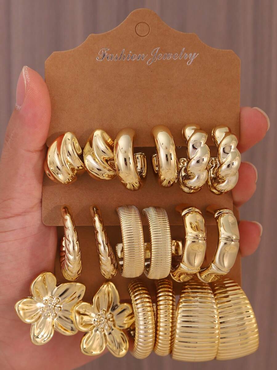 6/18pcs Fashionable Earrings Set, Exaggerated Oversized C-Shaped Earrings Set For Daily And Holiday Wear, Made Of ABS Resin Material With Non-Fading UV Gold Plating - Gold - View 1