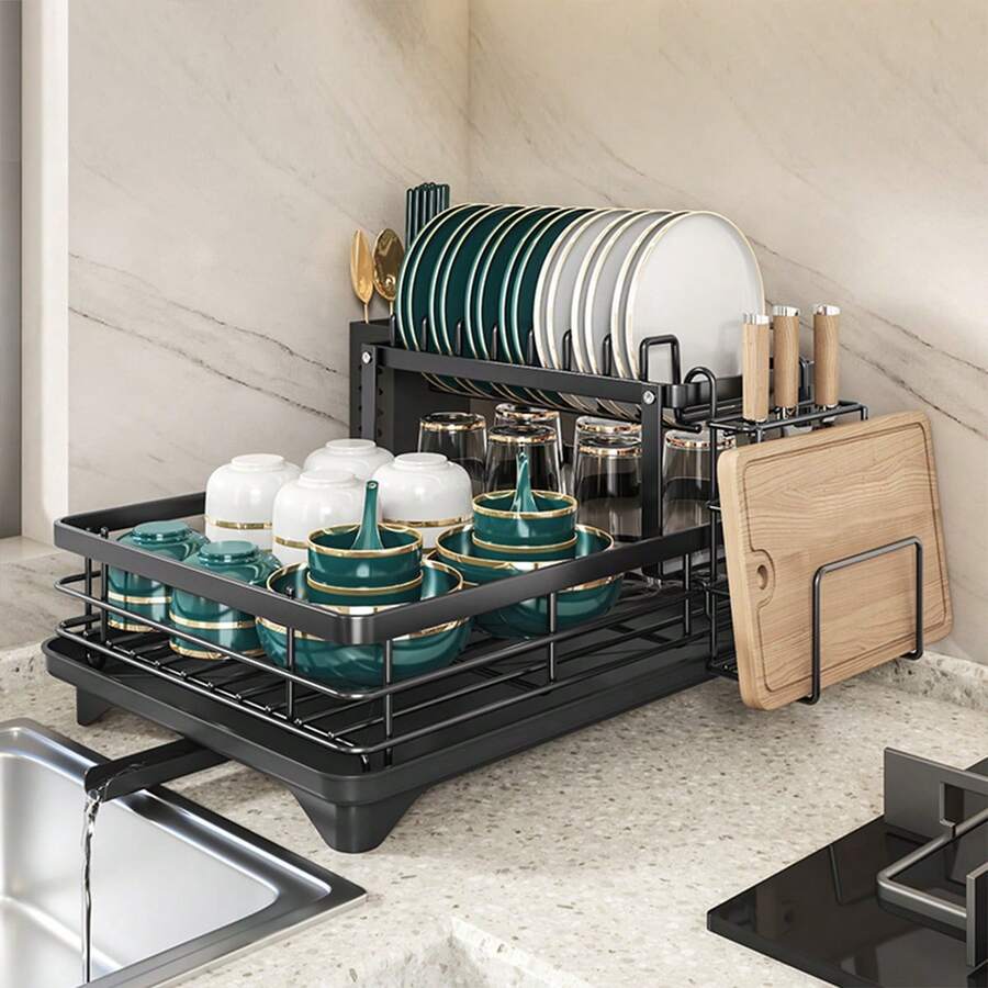 1pc Dish Drying Rack, Space-Saving Dish Rack, Kitchen Countertop Dish Rack, Stainless Steel Kitchen Drying Rack With Utensil Holder, Suitable For Bowls, Plates, Knives, Spoons And Forks - Black - View 1