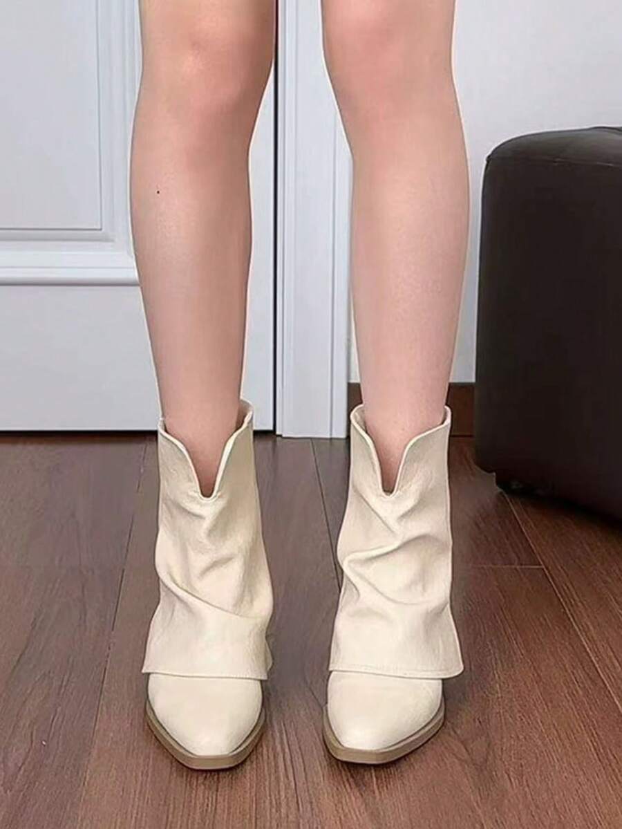 Sepatu Bot Ankle Lipat Kulit Sintetis Warna Putih Gading untuk Wanita, Ujung Lancip, Desain Berkerut, Hak Blok Rendah, Sepatu Bot Kasual - Putih - View 1