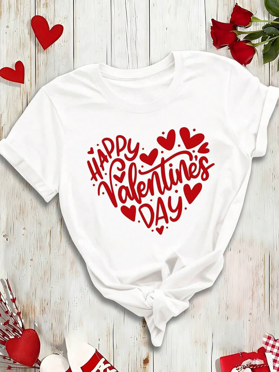 Short-Sleeved T-Shirt With Festive Valentine's Day Print, Regular Fit And Round Neck, Women's Clothing For Spring/Summer, Casual Outdoor Style, Lightweight And Breathable Fabric. - 白色 - 查看 1