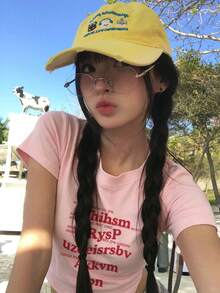 女款美式街頭風修身版型正肩粉色短袖T恤，夏季顯瘦百搭休閒上衣 - 粉紅色-1 - 查看 1
