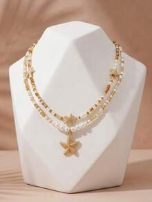 2pcs Bohemian Versatile Starfish Pearl Seed Bead Woven Women's Beaded Necklace, ABS Faux Pearl Choker Necklace, Daily & Vacation Style - Multicolor - View 2