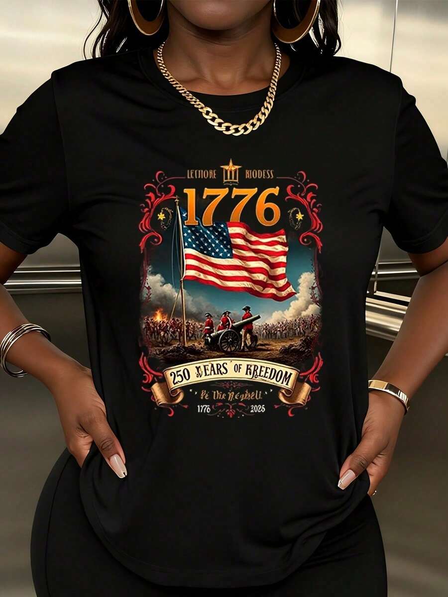 Camiseta Casual de Mujer de Manga Corta 1776, Diseño Patriótico con la Bandera Americana para el Día de la Independencia y 250 Años de Libertad, Ideal para Eventos de Celebración - Negro - Ver 1