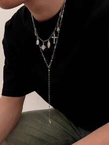 2pcs/Set Men's Double Layer Y-Shaped Necklace Set, Silver Tone Colorful Rhinestone Cross And Virgin Mary Pendant Necklace, Gothic Street Style Jewelry - White K - View 3