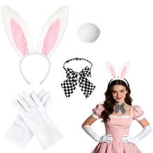 5-Piece White Rabbit Costume Accessory Set, Plush Rabbit Ear Headband, Black & White Plaid Bow Tie, Round Plush Tail + Long White Satin Gloves, Cute Animal Role Play Kit, Suitable For Halloween, Tea Party Theme And Fairy Tale Style Dress-Up Party - Multicolor - View 5