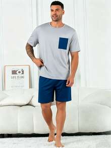 Men's Plus Size Casual Loose Minimalist Sporty Wearable Spring Summer Pocket Crew Neck Short Sleeve T-Shirt And Shorts Pajama Set 2-Piece - Blue and White - View 4