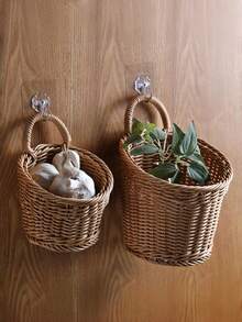 Plastic Woven Basket Kitchen Ginger Garlic Storage Basket Vintage Wall-Mounted Kitchen Utensil Storage Basket Handheld Decorative Small Flower Basket Mini Woven Basket Fruit Vegetable Basket Home Organization Storage Kitchen Utensils - Brown - View 4
