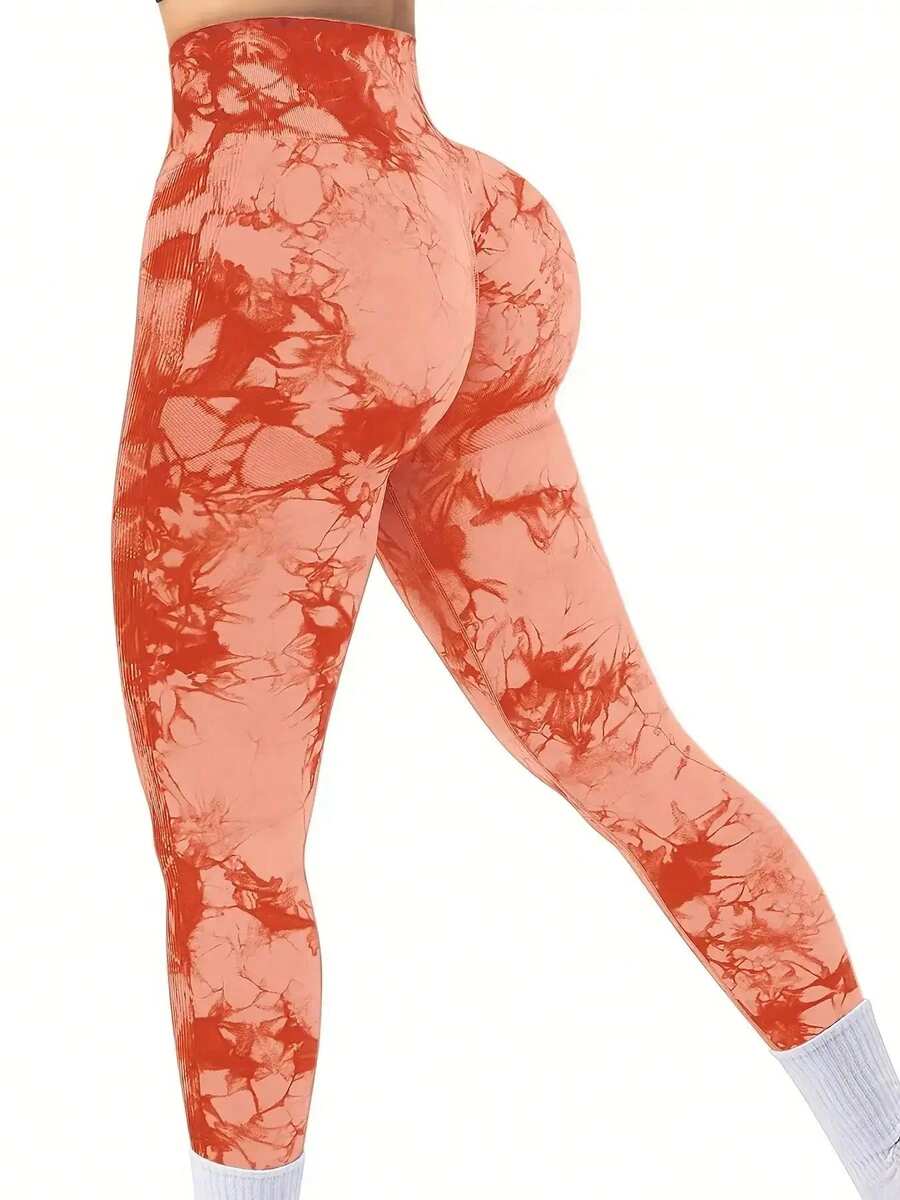 Women's High Waist Peach Butt Seamless Tie-Dye Stretch Fitness Yoga Pants - 領帶橙 - 查看 1