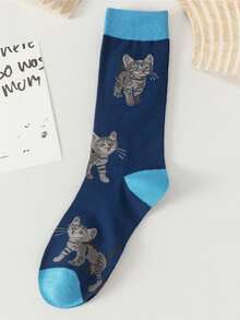 1 par de calcetines de media pantorrilla talla grande para mujer con estampado de gato de dibujos animados, estilo pareja, calcetines largos para primavera, otoño e invierno - Azul - Ver 2