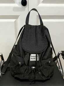 New Fashionable Multifunctional Large Capacity Backpack, Made Of Fashionable Plaid Nylon Material. Features Multiple Pockets, Waterproof, Lightweight, Foldable Drawstring Design, Letter Patch. Suitable For Travel, School Supplies, Portable, Classic Casual Style. Perfect For Women, Teenagers, And Primary/Secondary School Students For School, Outdoor Activities, And Various Occasions. - Black - View 2